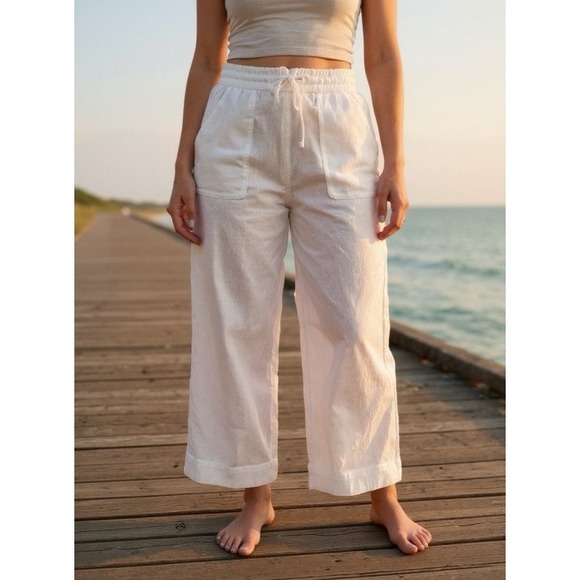 Sigrid Olsen 100% Linen Wide‎ Leg Beach Pants Women's Large White Boho Coastal - Picture 2 of 11